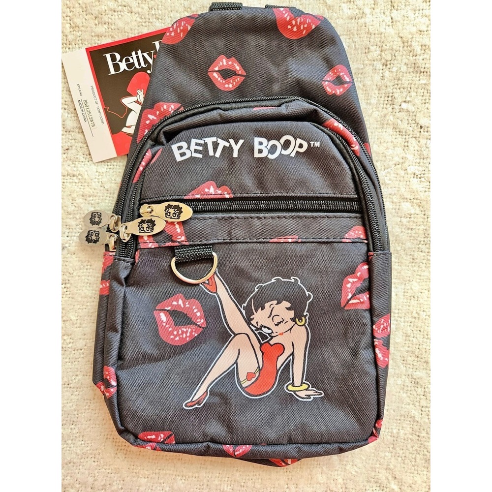 Betty Boop Kisses Black Sling Bag Crossbody Backpack Adjustable Strap NWT